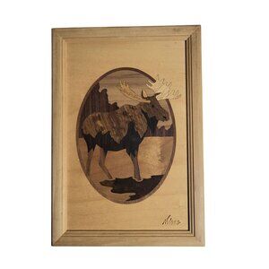 Vtg Hudson River Inlay Wood Marquetry "Moose" Picture 6.5" x 10"